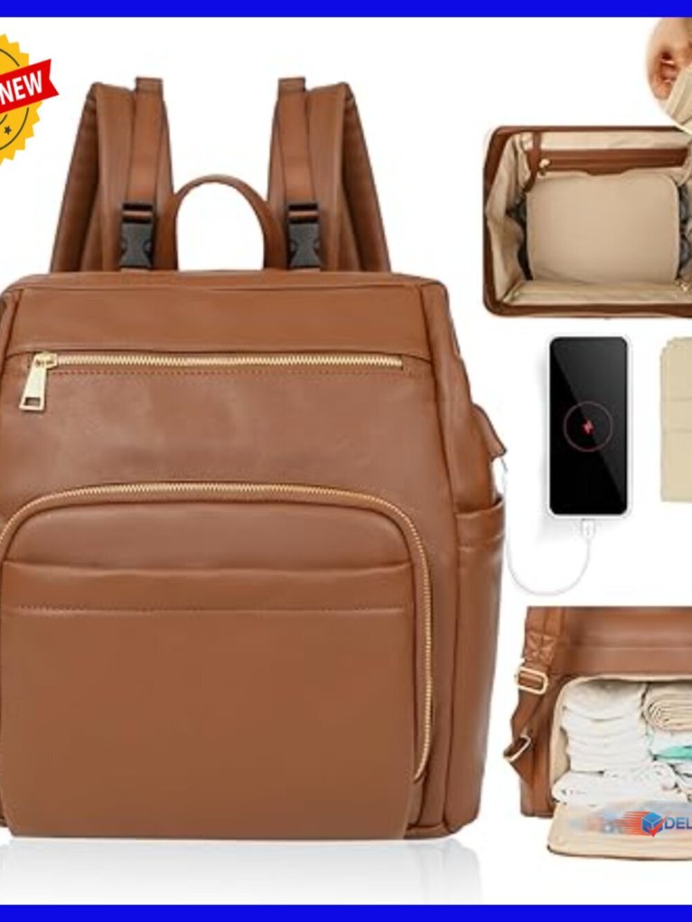 Large Leather Diaper Backpack with 18 Pockets, USB Port, Changing Pad